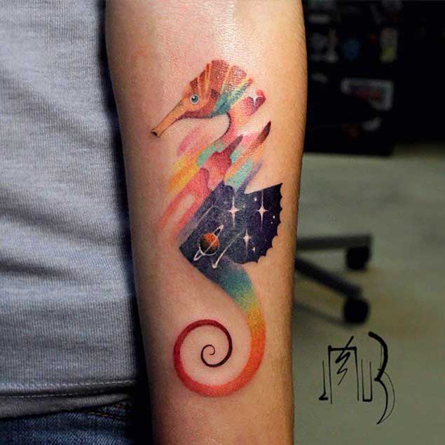Colored Seahorse Tattoo On Left Forearm