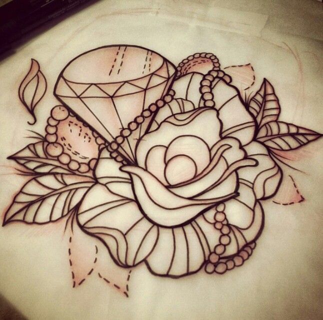 Outline Rose And Diamond Tattoo Design Sample