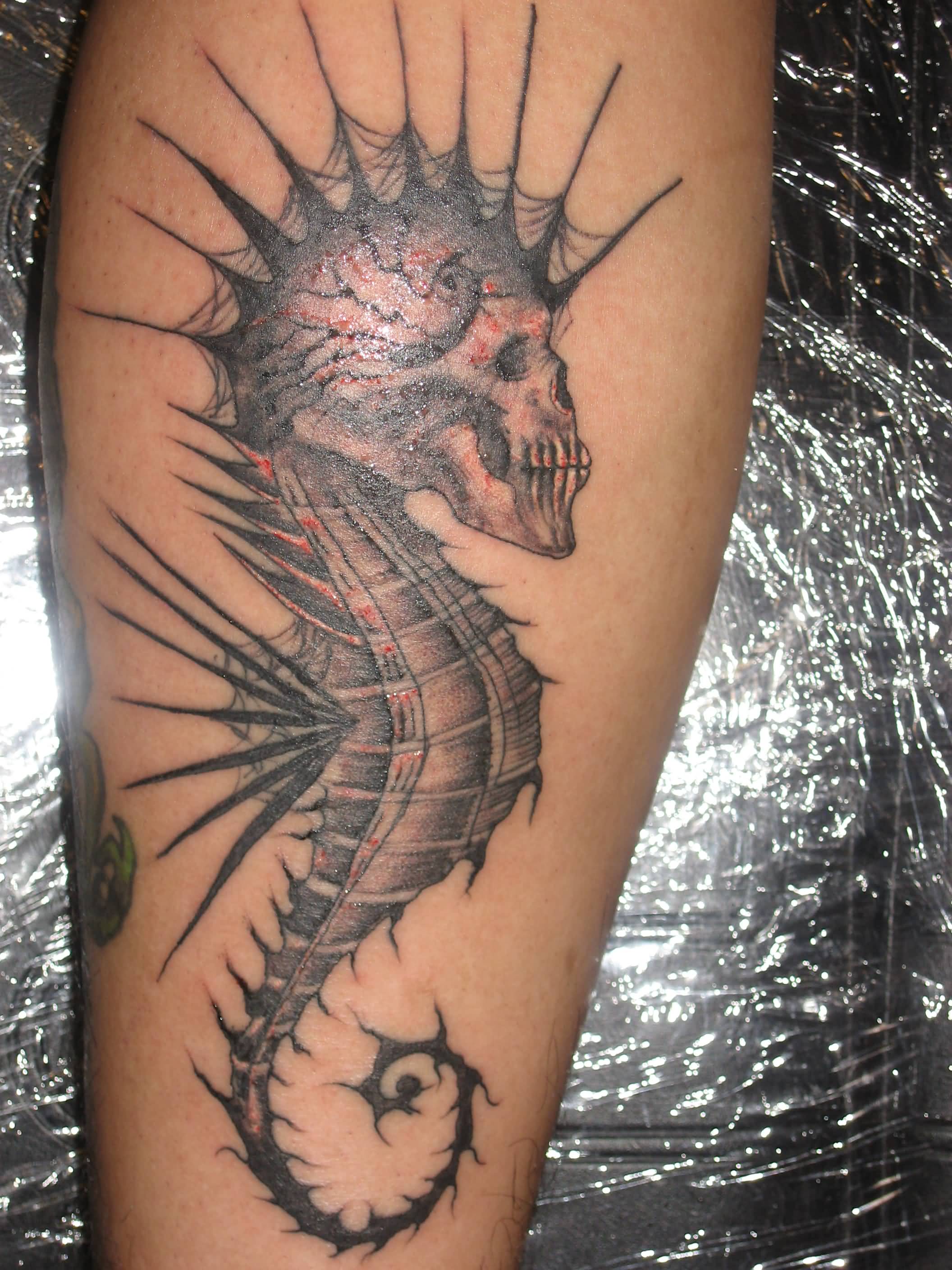 Seahorse Skeleton Tattoo On Side Leg