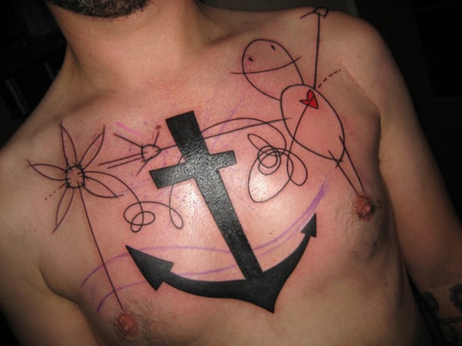 Black Anchor Tattoo On Man Chest