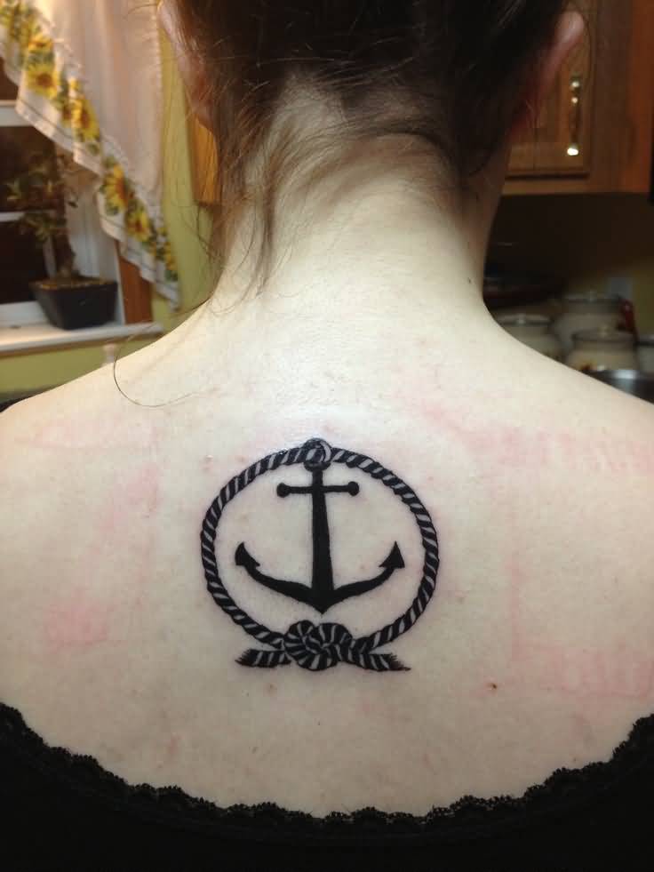 Rope And Black Anchor Tattoo On Upper Back