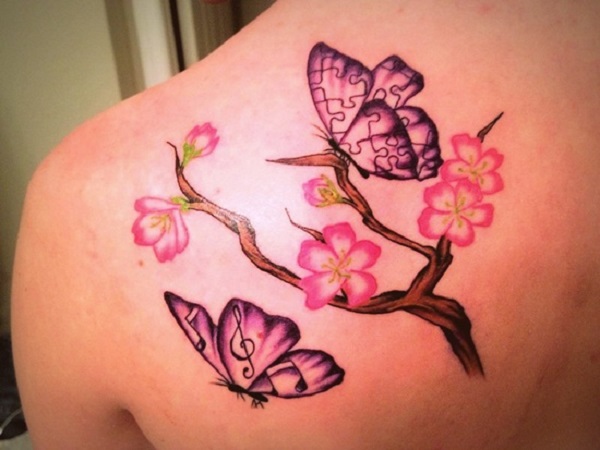 Butterflies With flowers Tattoo On back Shoulder