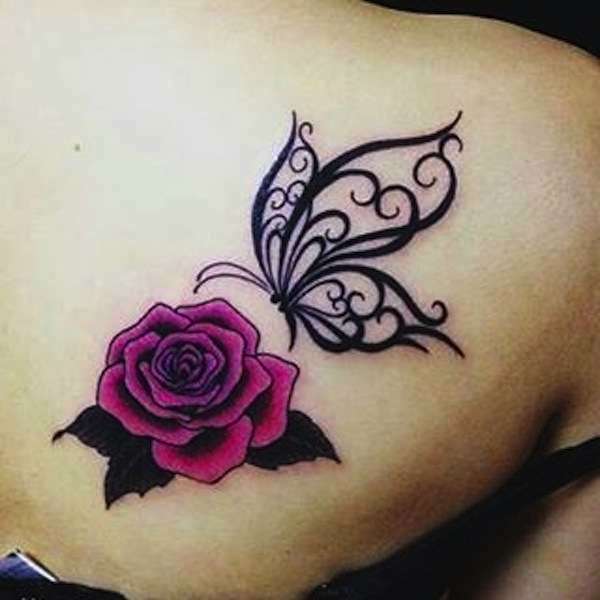 Pink Rose And Black Butterfly Tattoo